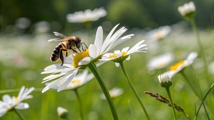 Bee collecting nectar from a white daisy in a sunny meadow