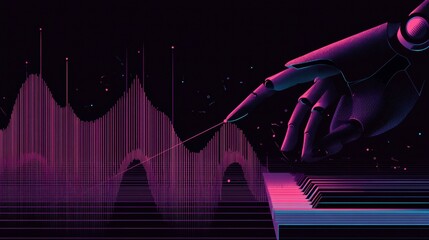 Digital Artwork of a Robotic Hand Interacting With Sound Waves and Piano Keys in a Futuristic Setting