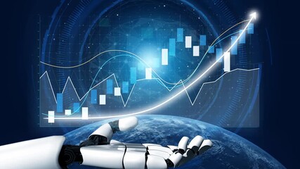 A futuristic robotic hand extends towards financial graphs and data analytics, symbolizing the impact of artificial intelligence on modern economic trends and decisions. Copula - Powered by Adobe
