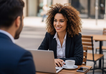 Smiling businesswoman having coffee and working on laptop during meeting at outdoor cafe &mdash; confident professional networking and communication concept