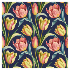 This charming vintage-inspired floral design features a beautiful array of soft pink and yellow tulips, surrounded by lush green leaves, all set against a rich navy blue background. 