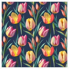 This lively floral design showcases tulips in an array of pink, yellow, and orange hues against a rich navy background. The angular, painterly strokes give the flowers a modern, geometric style.