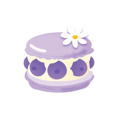 Blueberry Macaron Vector | Cute Kawaii Dessert Clipart with White Flower, Purple Pastel French Cookie Illustration
