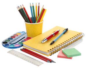 A collection of school and art supplies, including colored pencils, pens, a notebook, ruler, and watercolor paints, isolated on transparent background