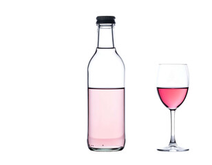 Bottle and stemmed glass filled with light pink liquid, against black background, minimalist and clean, studio lighting