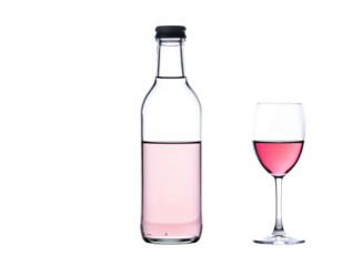 Bottle and stemmed glass filled with light pink liquid, against black background, minimalist and clean, studio lighting