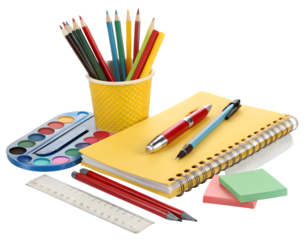 A collection of school and art supplies, including colored pencils, pens, a notebook, ruler, and watercolor paints, isolated on transparent background
