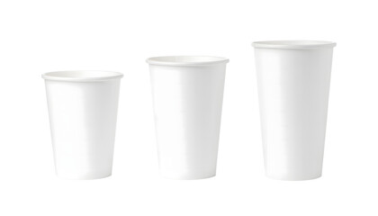 Three white disposable cups of varying sizes arranged in a row for product display isolated on transparent background