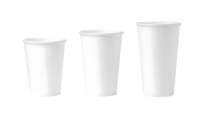 Three white disposable cups of varying sizes arranged in a row for product display isolated on transparent background