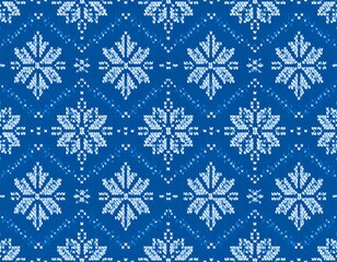 Blue and white diamond-patterned design, with snowflake-like elements