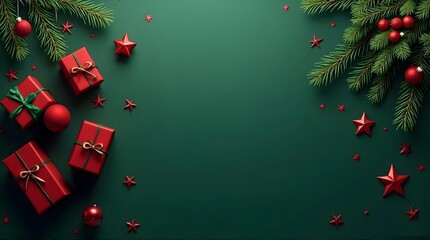 A minimalistic Christmas image on a dark green background, featuring three red gift boxes and red ornaments on the left, balanced by pine branches and red ornaments on the right.