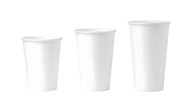 Three white disposable cups of varying sizes arranged in a row for product display isolated on transparent background