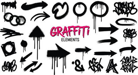 Collection of black and white graffiti elements including arrows circles and spray paint drips
