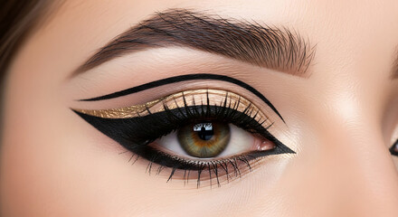 Naklejka premium Glamorous Gold and Black Eyeliner: Close-up of a Woman's Eye with Intricate Artistic Makeup and a Shimmering Green Iris