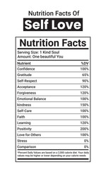 Fototapeta premium Self love nutrition facts label – positive typography poster with self care, confidence, mindfulness, happiness, and wellness ingredients in minimalist design