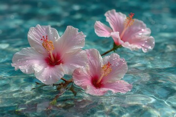 Three pink hibiscus flowers float gently in crystal clear, turquoise water. Use as a calming backdrop or to illustrate tropical themed projects.