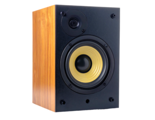 Audio speaker with wooden side and black front; yellow speaker cone, facing forward, angled left on a dark background