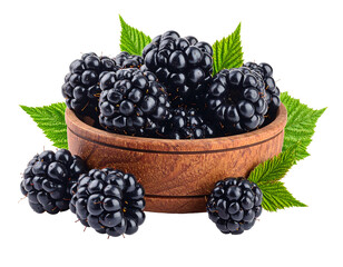 Bowl filled with fresh blackberries and green leaves on a black background. High detail and close-up view