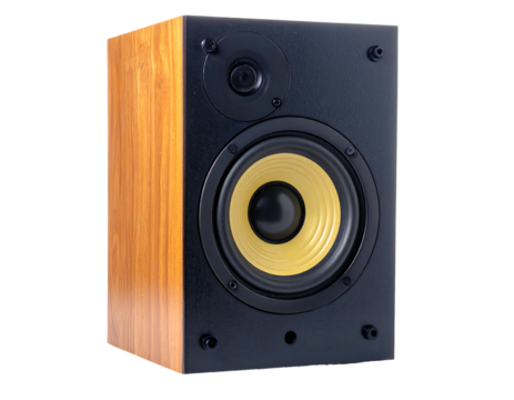 Audio speaker with wooden side and black front; yellow speaker cone, facing forward, angled left on a dark background