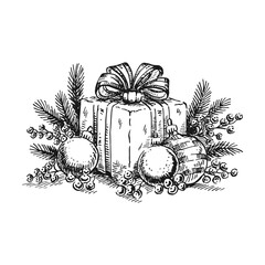 Festive new year vintage engraving with gifts, pine branches, christmas baubles for holiday design