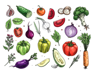 Colorful hand-drawn assorted fresh vegetables scattered on a black background, in a detailed sketch style