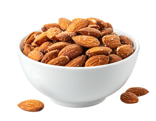 Bowl of salted almonds against a dark background. Two almonds lay near the bowl