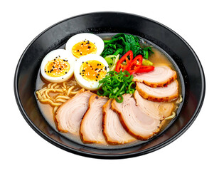 Bowl of ramen with pork, eggs, noodles, and greens, steaming in a rich broth on a black backdrop