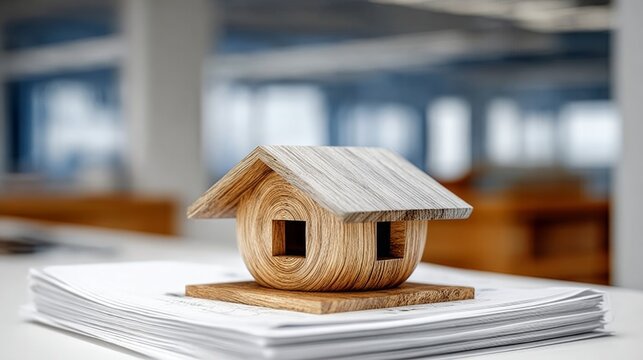 Wooden model of a house placed on a stack of papers in a modern office environment, showcasing architectural design and creativity, ideal for real estate and construction concepts