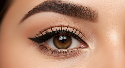 Obraz premium Defined Beauty: Close-up of a Woman's Eye with Perfect Winged Eyeliner, Long Lashes, and a Well-Groomed Eyebrow