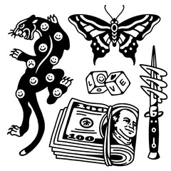 PANTHER MONEY BUTTERFLY DAGGER SMILE VINTAGE TATTOO FLASH © Dani