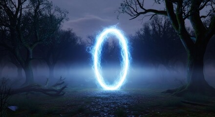 Glowing blue portal in a dark, foggy forest. Mystical gate to another dimension or time. Science fiction and fantasy concept.
