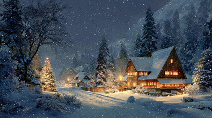 Festive winter night scene with glowing lights, decorated trees, and joyful holiday atmosphere celebrating Christmas