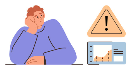 Person resting head on hand near warning sign and data chart with upward trend. Ideal for risk analysis, decision-making, problem-solving, caution, business challenges, data evaluation, simple flat