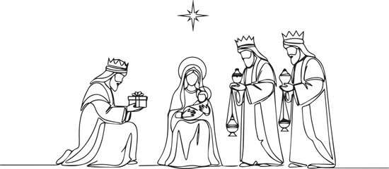 One line art of a Nativity scene with three wise men and baby Jesus for Christmas