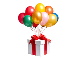 Box of balloons tied with a red bow on a black background, creating a festive and celebratory mood