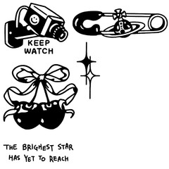 Keep watch camera, safety pin, cherry bow, star text art