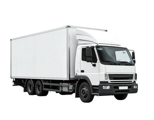 Box truck with a white cab and a long, white cargo box, isolated on a transparent background