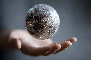 Tech Sphere in Hand: A conceptual view showcasing a glowing sphere of intricate circuits resting delicately in an open palm. Symbolizing the power and future of technology