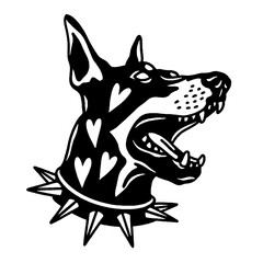 Fierce doberman heart tattoo, spiked collar, angry dog