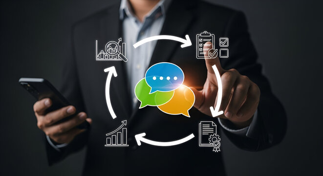 Businessman demonstrating communication workflow with icons - Powered by Adobe