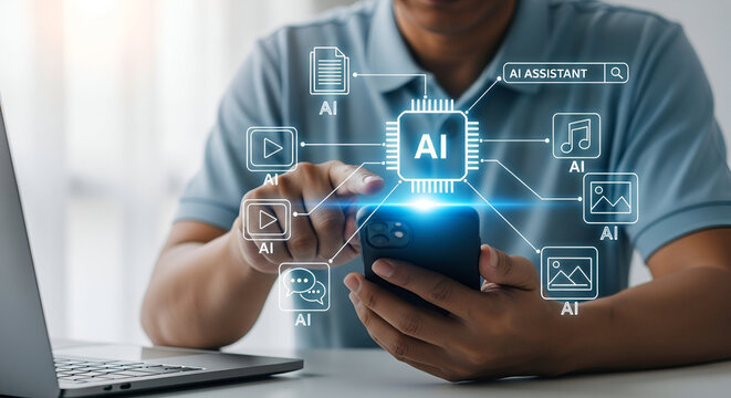 Person using smartphone with AI assistant interface and icons - Powered by Adobe