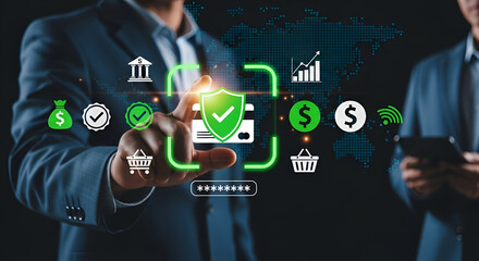Businessman Interacting With Financial Security And E-commerce Icons