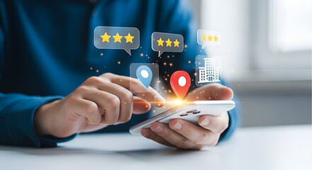 Person using smartphone with location pins and star ratings