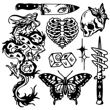 Dark skull, dragon, butterfly, dagger, love bones tattoo set