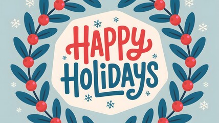 Happy holidays lettering surrounded by festive winter foliage and berries