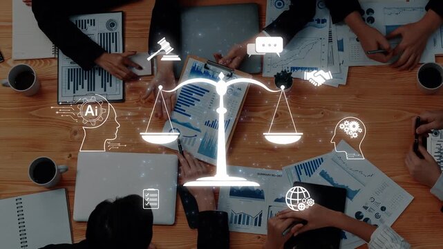 A diverse team discusses legal and AI concepts in a professional setting, surrounded by charts and digital icons that represent innovation, justice, and collaboration. Raster