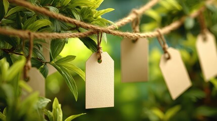 Blank tags hanging on rope in nature. Great for quotes, wishes or gifts.