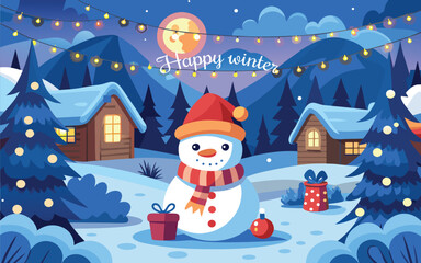Happy winter scene with snowman, decorated trees, and cozy cabins