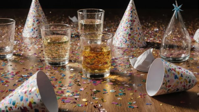 Post-party aftermath - Confetti, party hats, and empty glasses on a table.