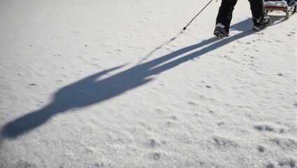 Person Snowshoeing in Winter with Long Shadow on Snow.
